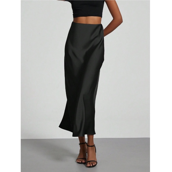 Black Satin A-Line Skirt High Waisted Long - Picture 4 of 12